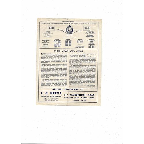 1961/62 Ilford v Barking Essex Senior Cup Football Programme