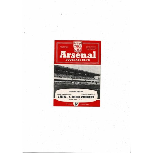 1962/63 Arsenal v Bolton Wanderers Football Programme