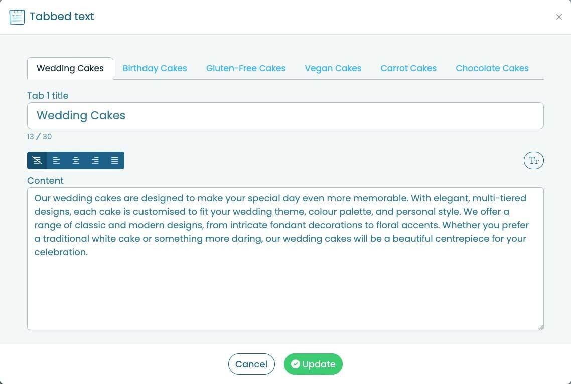 Tabbed text page element now support additional tabs