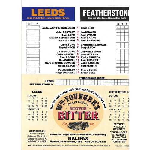 1988/89 Leeds v Featherstone Rovers (11/12/1988) Rugby League Programme