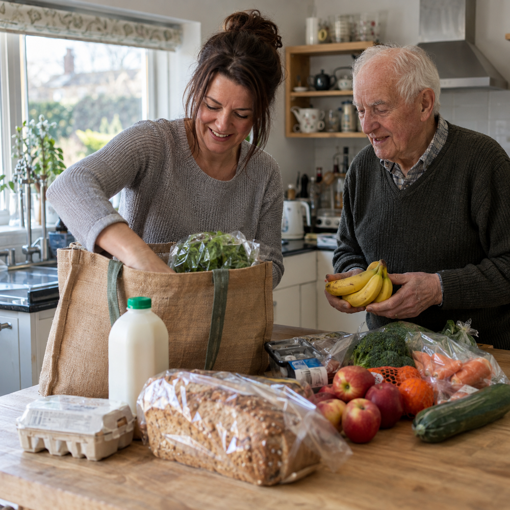 Woman helping an elderly man unpack fresh groceries in his kitchen.