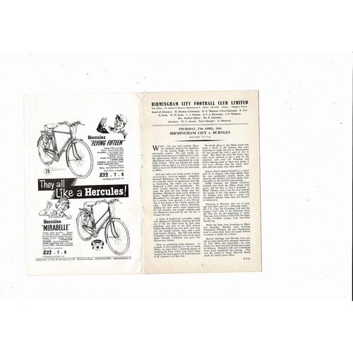 1960/61 Birmingham City v Burnley Football Programme