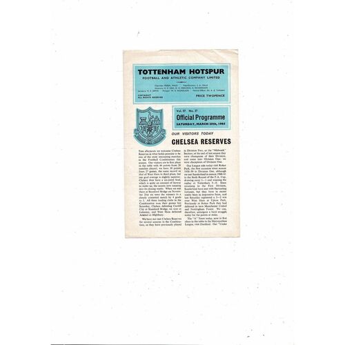 Tottenham Hotspur v Chelsea Football Combination Programme 1964/65 - Postponed