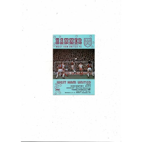 1980/81 West Ham United v Coventry City League Cup Semi Final Football Programme