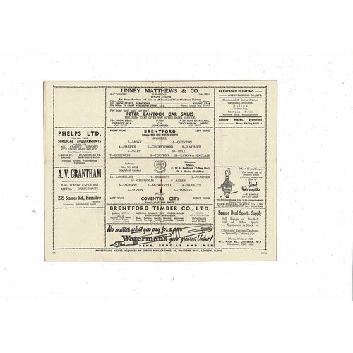 1950/51 Brentford v Coventry City Football Programme