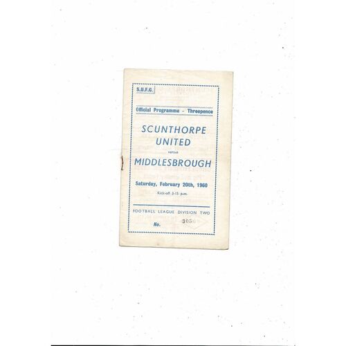1959/60 Scunthorpe United v Middlesbrough Football Programme