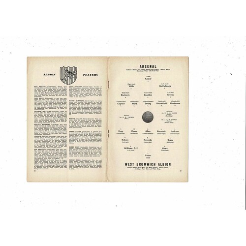1960/61 Arsenal v West Bromwich Albion Football Programme