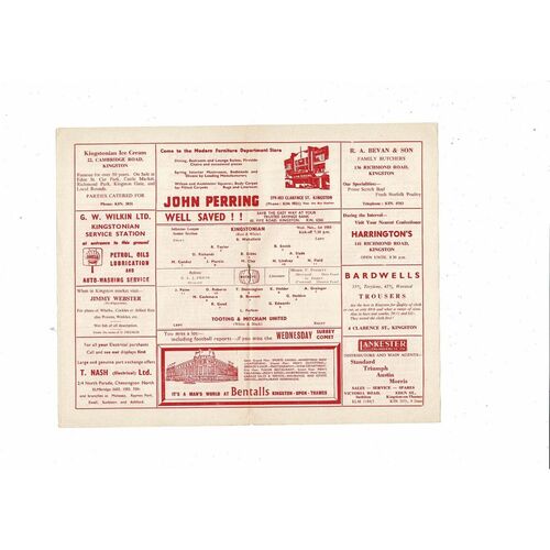 1961/62 Kingstonian v Tooting & Mitcham United Football Programme