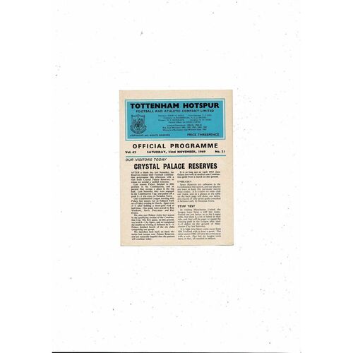 Tottenham Hotspur v Crystal Palace Football Combination Programme 1969/70