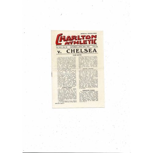 1951/52 Charlton Athletic v Chelsea Football Programme