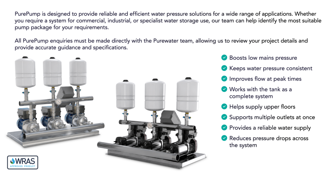 Purepump Booster Sets | Purewater Storage Ltd | GRP | Water Storage Tanks | One piece | Two Piece | Sectional | Enclosures | Combination Units | Nationwide