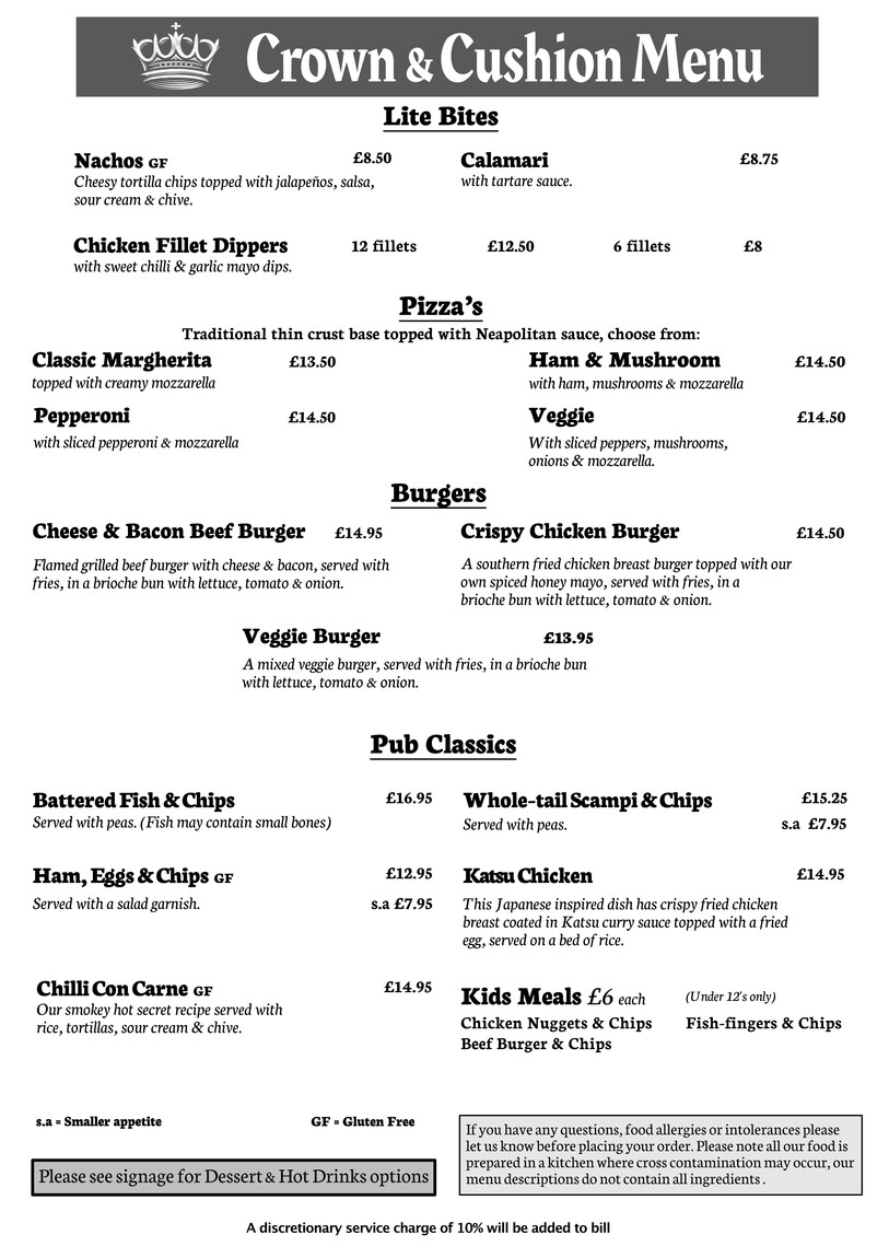 Menus | The Crown and Cushion | Hotels in Eton | B&amp;amp;Bs in Eton | Places to stay in Eton
