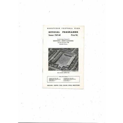 1967/68 Brentford v Crewe Alexandra Football Programme