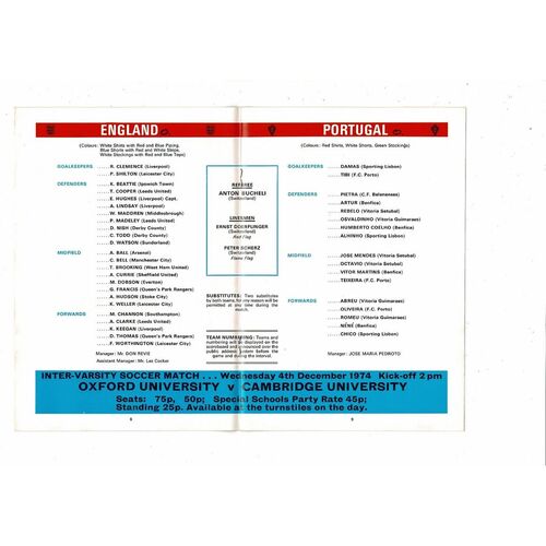 1974 England v Portugal Football Programme