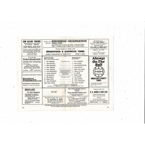 1969/70 Brentford v Wrexham Football Programme