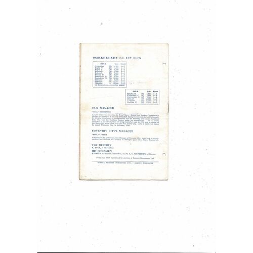 Worcester City v Coventry City FA Cup Football Programme 1960/61