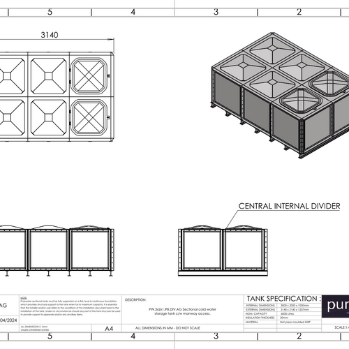 PW.3X2X1.IFB.DIV.AG(1+1) - 6000 LITRE DIVIDED SECTIONAL WATER TANK, INTERNALLY FLANGED BASE (IFB)