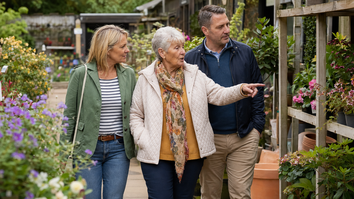 Older woman leads a conversation with her adult daughter and son while choosing plants at a garden centre.