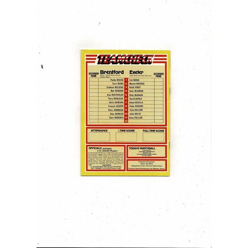 1982/83 Brentford v Exeter City Football Programme