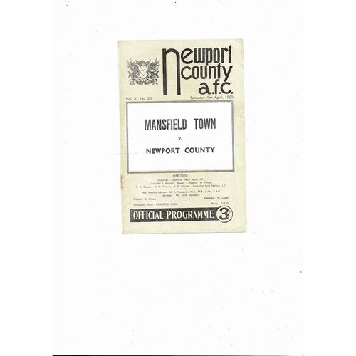 1959/60 Newport County v Mansfield Town Football Programme