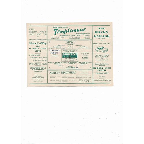 1957/58 Yeovil Town v Hereford Southern League Football Programme