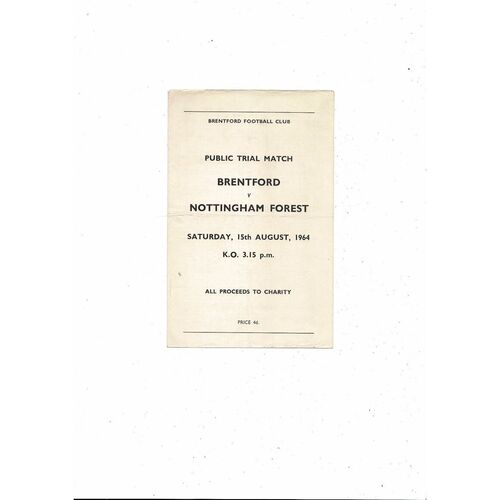 Brentford v Nottingham Forest Public Trial Match Football Programme 1964/65