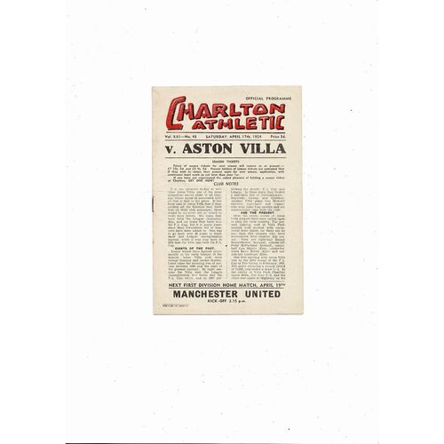 1953/54 Charlton Athletic v Aston Villa Football Programme