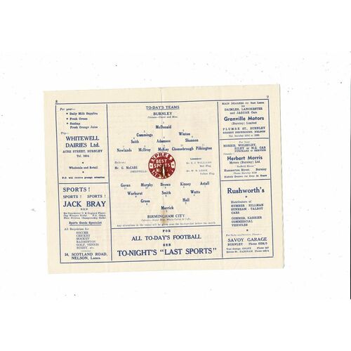 1956/57 Burnley v Birmingham City Football Programme