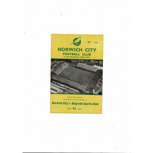 Norwich City v Belgrade Sports Club Friendly Football Programme 1961/62
