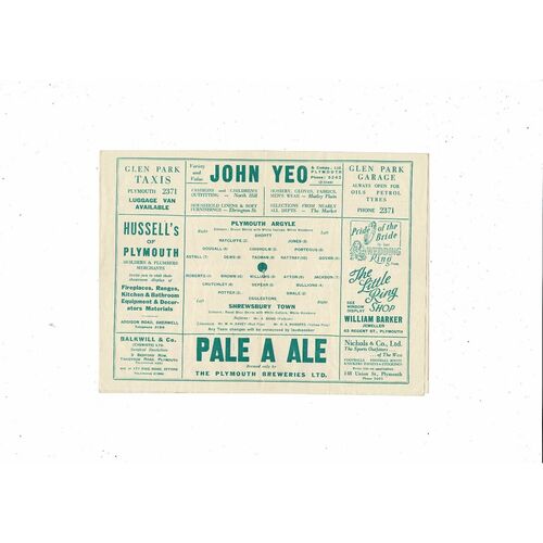 1951/52 Plymouth Argyle v Shrewsbury Town Football Programme