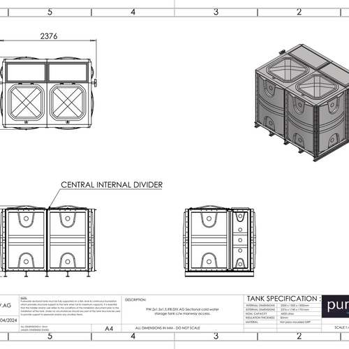 PW.2X1.5X1.5.IFB.DIV.AG(1+1) - 4500 LITRE DIVIDED SECTIONAL WATER TANK, INTERNALLY FLANGED BASE (IFB)