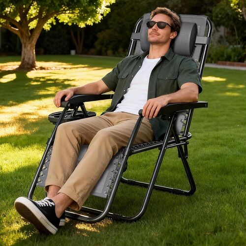 mcc direct Zero Gravity Reclining Chair Set of 1 – Folding Outdoor & Garden Chairs with Textilene Fabric, Cup Holder and Headrest Pillow – TEXTILENE