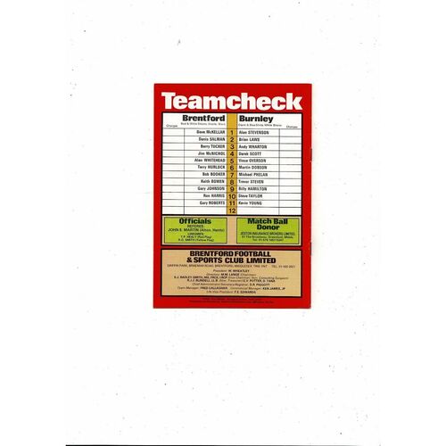 1981/82 Brentford v Burnley Football Programme