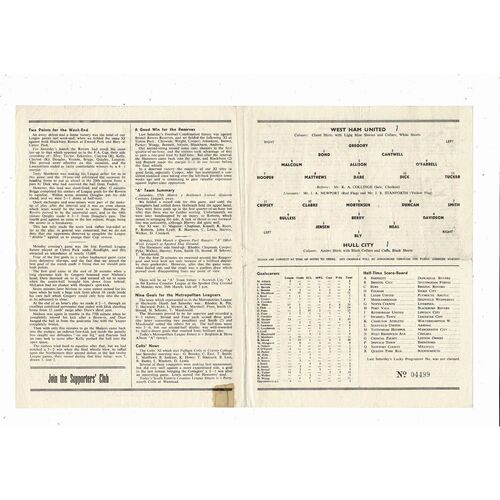 1955/56 West Ham United v Hull City Football Programme