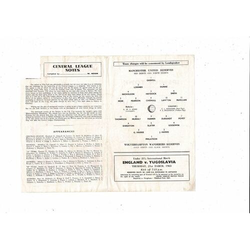 Manchester United v Wolves Reserves Football Programme 1962/63