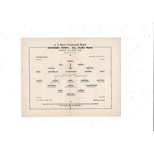 Swindon Town v All Stars Team A.S Davies Testimonial Football Programme 1957/58