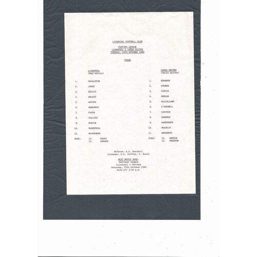 1990/91 Liverpool v Leeds United Reserves Football Programme