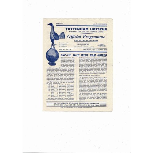 1958/59 Tottenham Hotspur v West Ham United FA Cup Football Programme