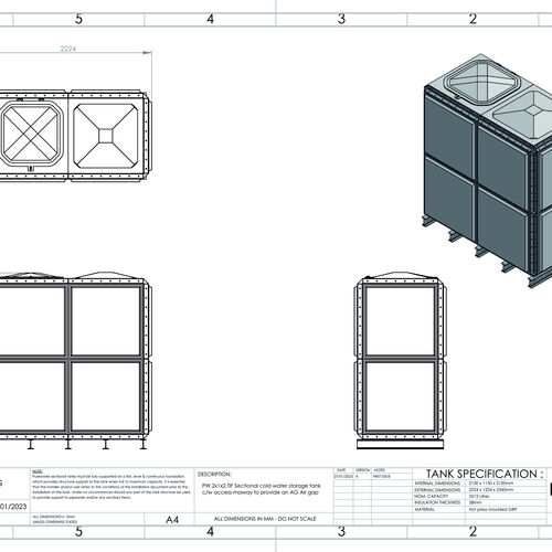 PW.2x1x2.TIF.AG - 5315 LITRE SECTIONAL WATER TANK, TOTALLY INTERNALLY FLANGED (TIF)