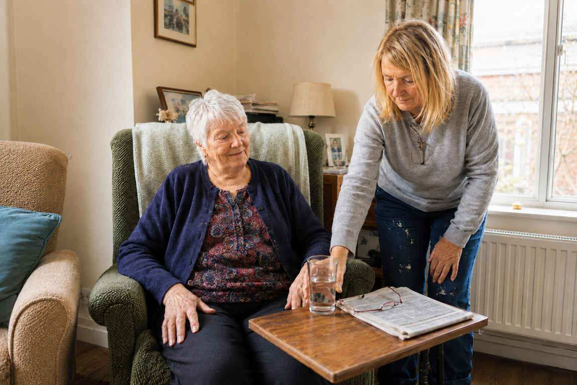 Older woman being helped to settle safely at home following discharge from hospital.