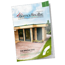 Cover of the Bertsch HolzBau catalog, showcasing their expertise in timber construction. The design features a beautifully illuminated garden scene, including a charming gazebo, a small bridge, and surrounding timber structures, set against a twilight sky. The catalog highlights their offerings in blockhouses, prefabricated buildings, and timber frame construction, emphasizing high-quality craftsmanship and aesthetic appeal. The tagline 'Die besondere Art des individuellen Holzbaus' ('The special way of individual timber construction') underscores their dedication to personalized and unique designs.