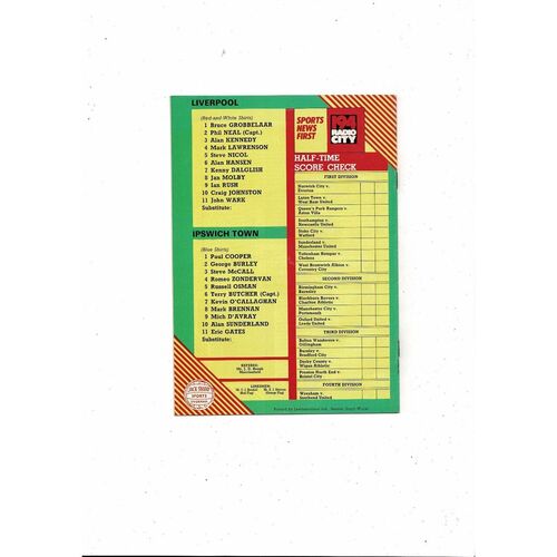 1984/85 Liverpool v Ipswich Town Football Programme