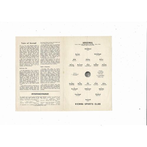 Arsenal v Vienna Friendly Football Programme 1960/61