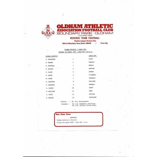 Oldham Athletic v Leeds United Pontins League Reserve Football Programme 1989/90