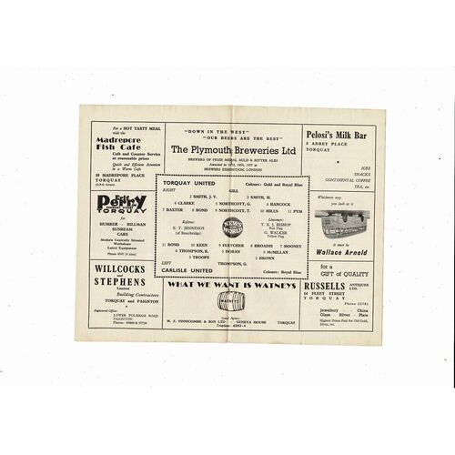 1958/59 Torquay United v Carlisle United Football Programme