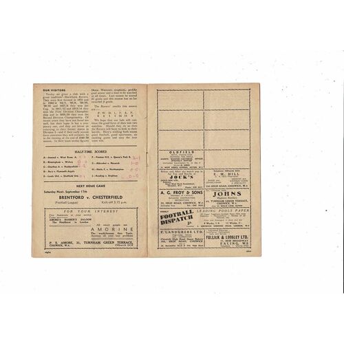 1949/50 Brentford v Blackburn Rovers Football Programme September 14th