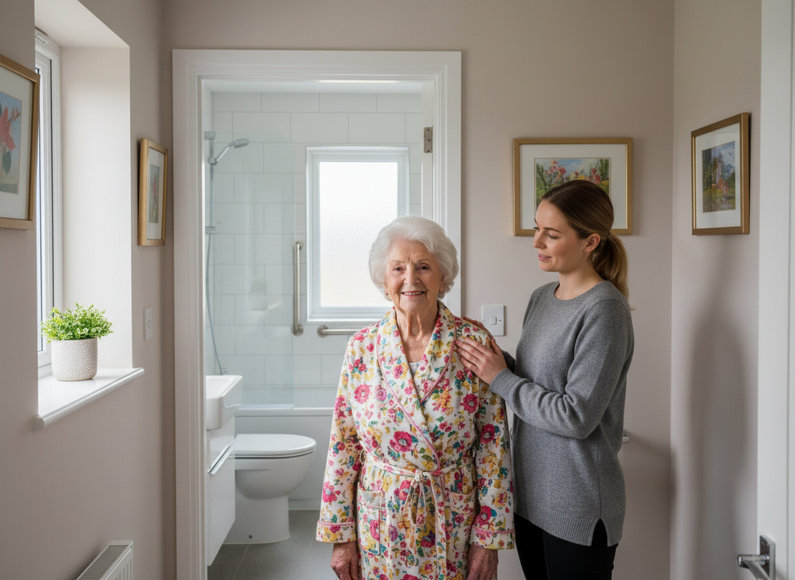 Your Care carer gently assisting elderly client with daily personal care tasks at home in Bristol, showing warmth and respect.