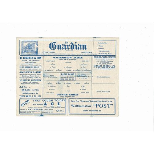 1952/53 Walthamstow Avenue v Dulwich Hamlet Isthmian League Football Programme