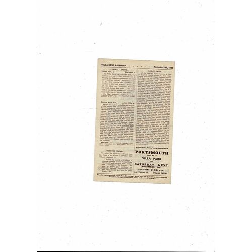 1945/46 Aston Villa v Plymouth Argyle Football Programme