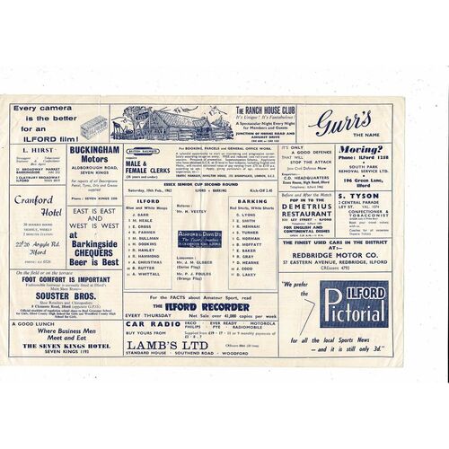 1961/62 Ilford v Barking Essex Senior Cup Football Programme